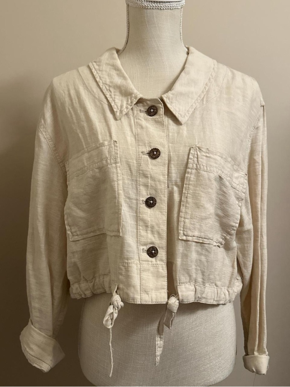 Free People Cream Drawstring-Hem Utility Jacket